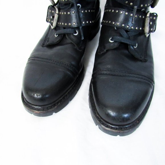 SOLD FRYE Black Leather 'Samantha' Studded Combat Biker Moto Boots -9 1/2 - Picture 9 of 15